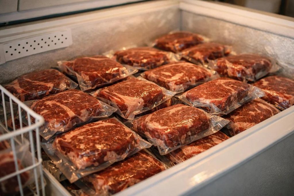 Chest freezer stocked with vacuum sealed cuts of grassfed beef